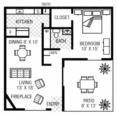 Floor plan for 1 bed, 1 bath, 700 sqft